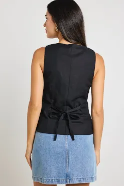 RE:UNION Label Viaduct Black Linen Viscose Sleeveless Vest Top