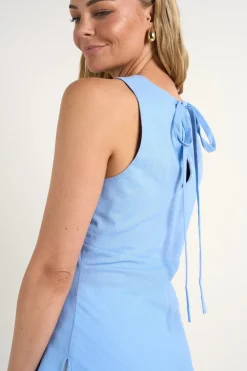 Among the Brave Vienna Mid Blue Linen Viscose V Neck Sleeveless Top