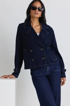 Among the Brave Western Indigo Cropped Denim Trench Coat