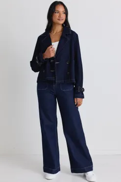 Among the Brave Western Indigo Cropped Denim Trench Coat