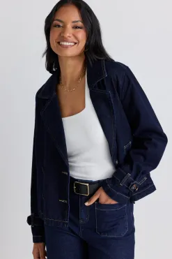 Among the Brave Western Indigo Cropped Denim Trench Coat