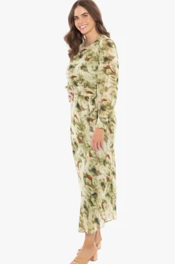 Leila + Luca Whimsical Khaki Smudge LS Midi Dress