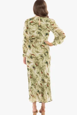 Leila + Luca Whimsical Khaki Smudge LS Midi Dress