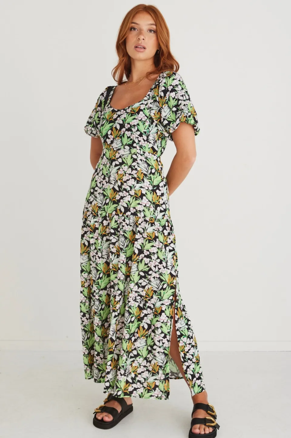 Among the Brave Whimsy Black Tropical Puff Sleeve Dress