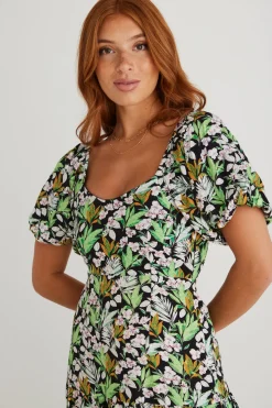Among the Brave Whimsy Black Tropical Puff Sleeve Dress