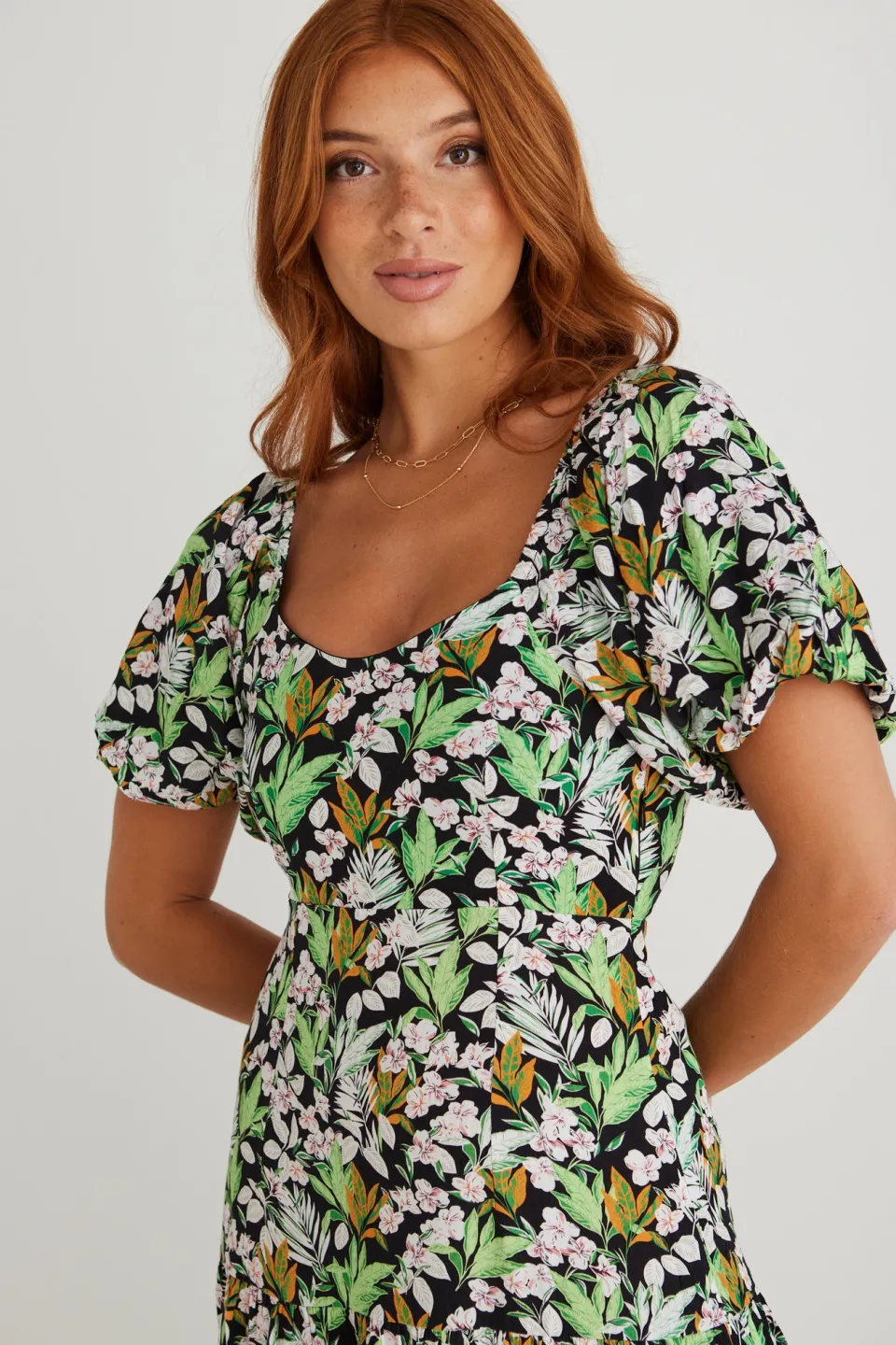 Among the Brave Whimsy Black Tropical Puff Sleeve Dress