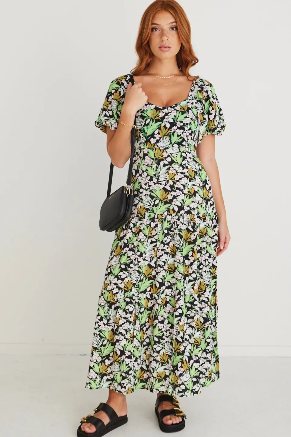 Among the Brave Whimsy Black Tropical Puff Sleeve Dress