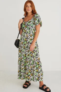 Among the Brave Whimsy Black Tropical Puff Sleeve Dress