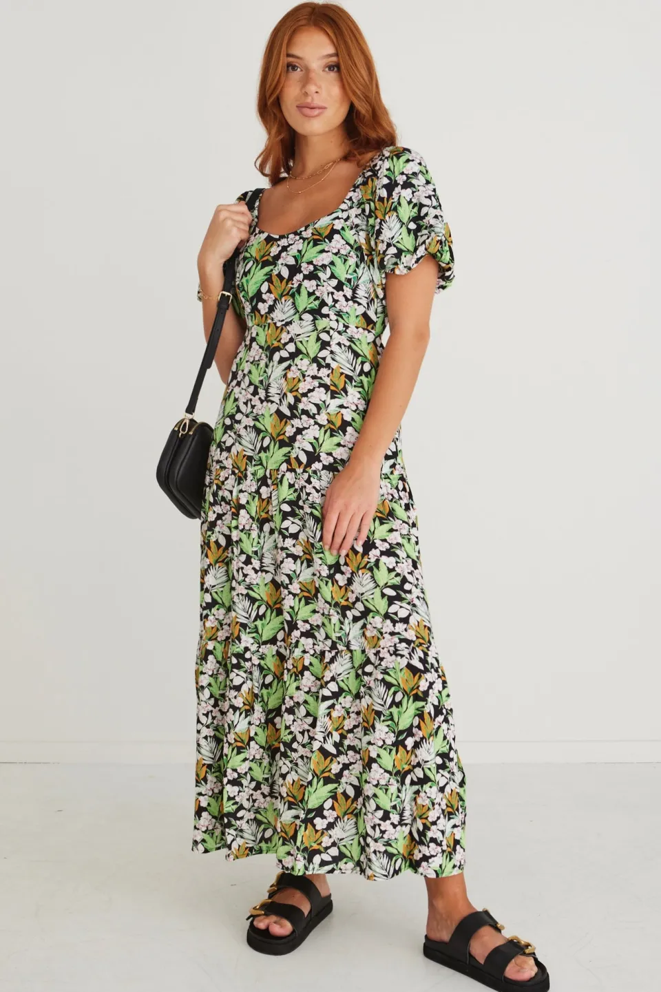 Among the Brave Whimsy Black Tropical Puff Sleeve Dress