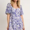 Among the Brave Wholehearted Blue Shadow Floral SS Sweetheart Button Front Mini Dress