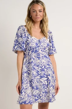 Among the Brave Wholehearted Blue Shadow Floral SS Sweetheart Button Front Mini Dress