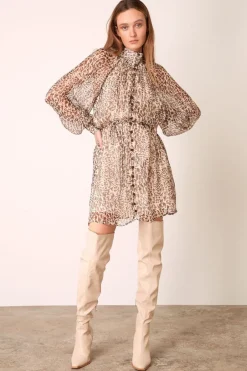 Esmaee Willa Beige Leopard LS Mini Dress