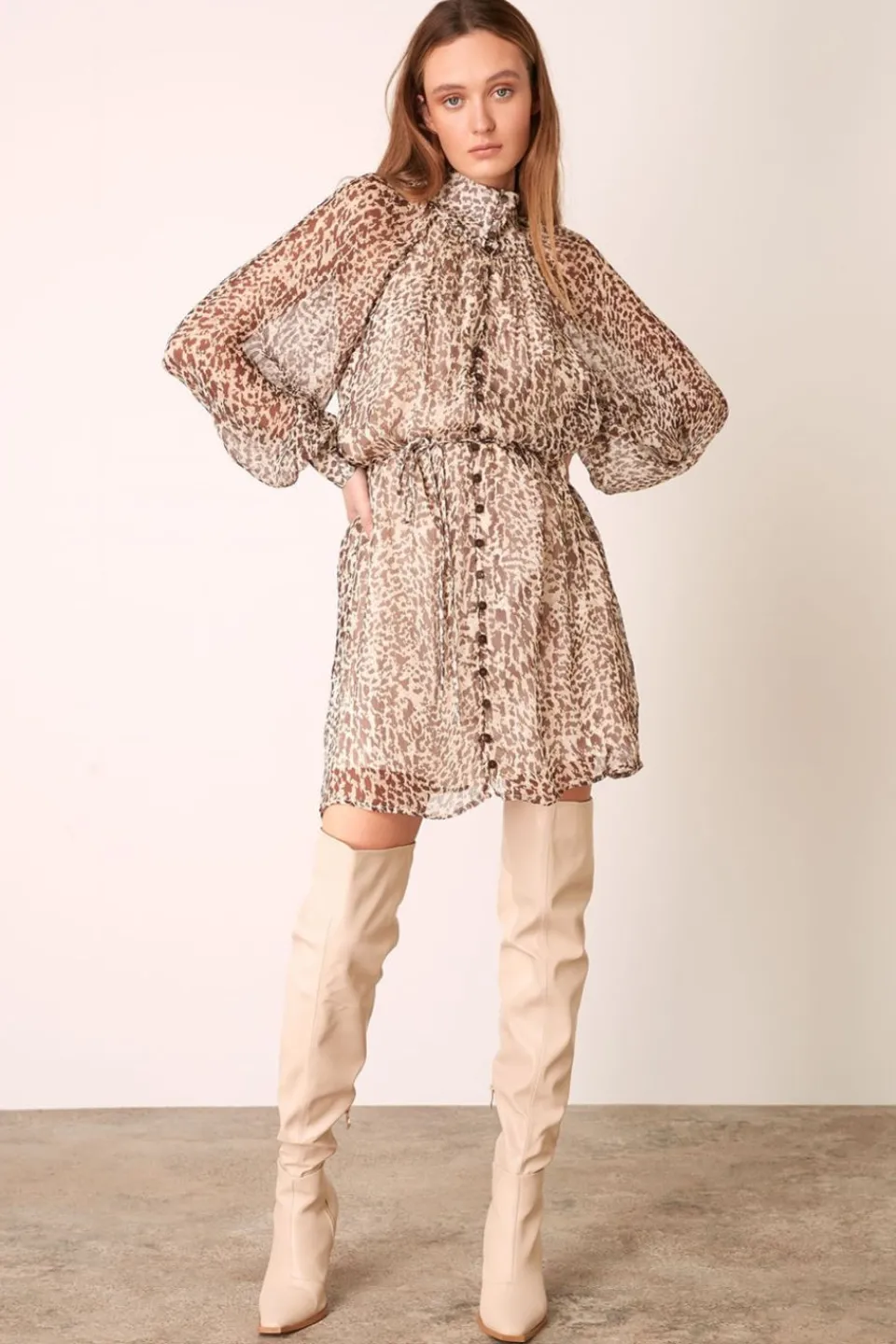 Esmaee Willa Beige Leopard LS Mini Dress