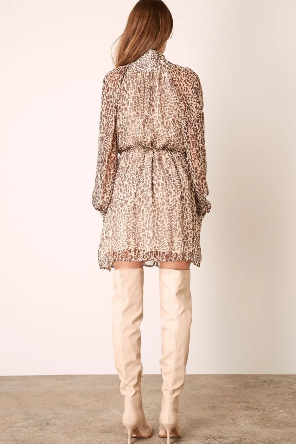 Esmaee Willa Beige Leopard LS Mini Dress