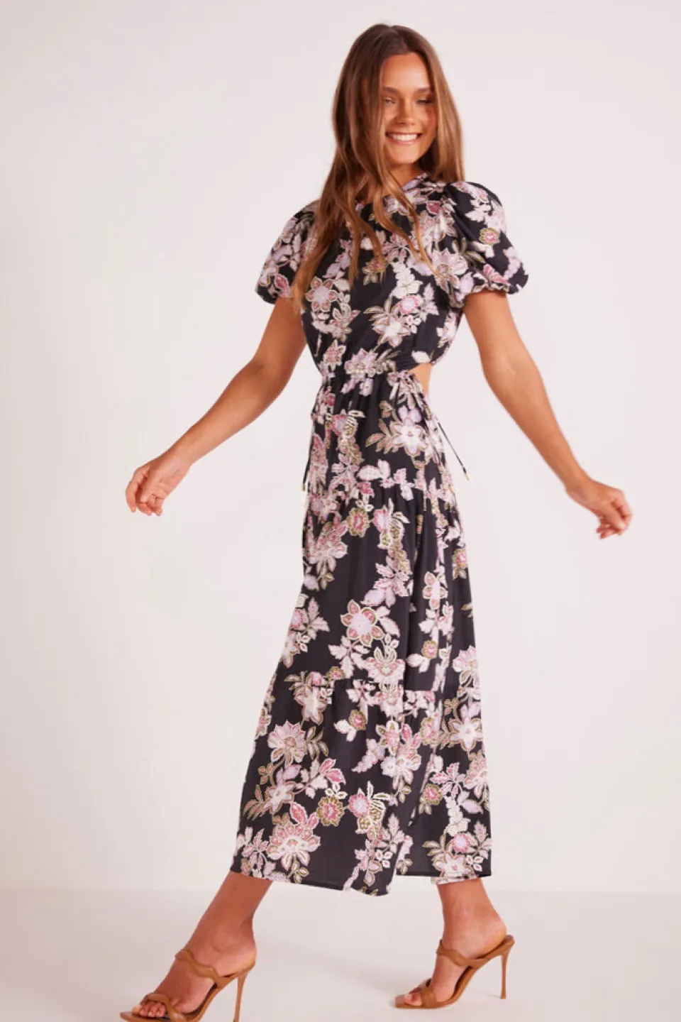 Mink Pink Willow Black Floral SS Midi Dress