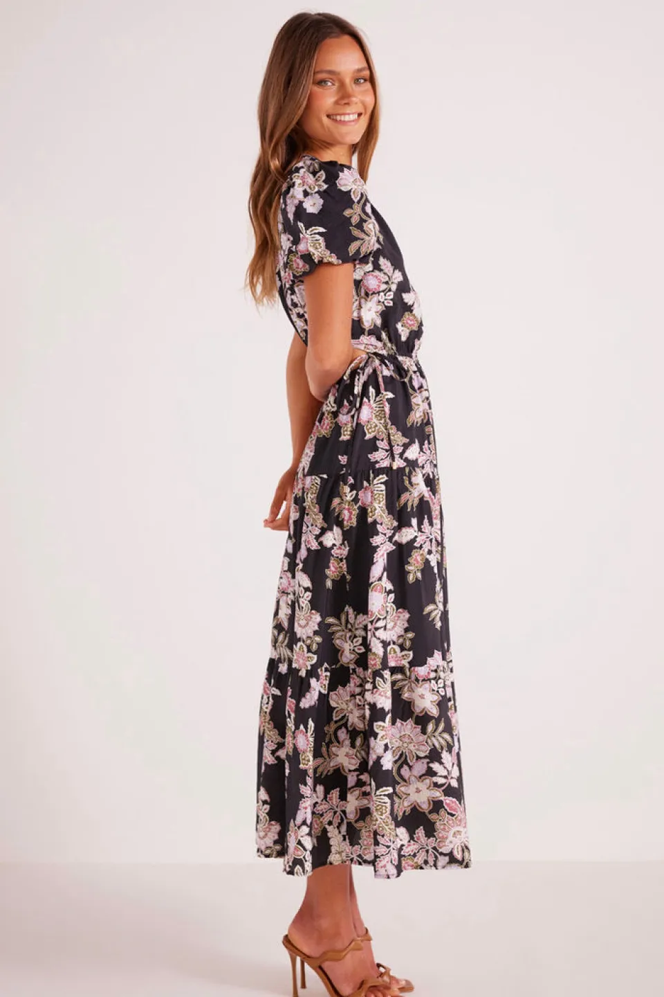 Mink Pink Willow Black Floral SS Midi Dress