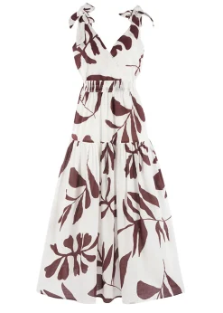 Ivy + Jack Wishful Chocolate Leaves Cotton Tie Strap Tiered Maxi Dress