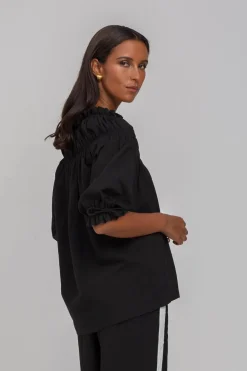 Blak With Hope Black Shirred Neck Mid Sleeve Top