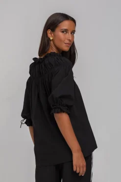 Blak With Hope Black Shirred Neck Mid Sleeve Top