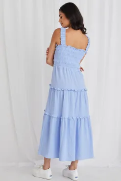 Among the Brave Worthy Powder Blue Shirred Tiered Strappy Maxi Dress