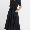 RE:UNION Label Wren Black Poplin SS Shirred Bodice Midi Dress