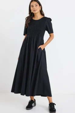 RE:UNION Label Wren Black Poplin SS Shirred Bodice Midi Dress