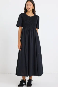 RE:UNION Label Wren Black Poplin SS Shirred Bodice Midi Dress