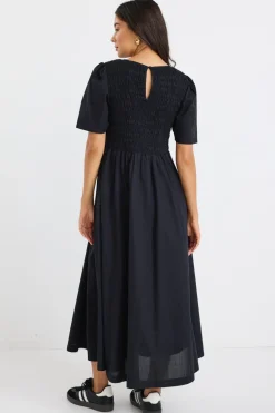 RE:UNION Label Wren Black Poplin SS Shirred Bodice Midi Dress