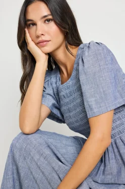 RE:UNION Label Wren Chambray Blue SS Shirred Bodice Midi Dress