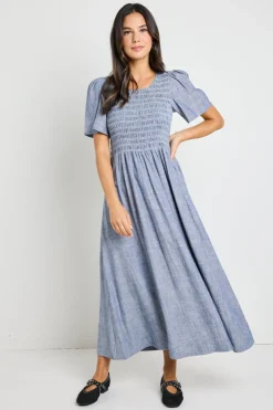 RE:UNION Label Wren Chambray Blue SS Shirred Bodice Midi Dress