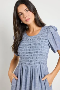 RE:UNION Label Wren Chambray Blue SS Shirred Bodice Midi Dress