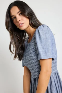 RE:UNION Label Wren Chambray Blue SS Shirred Bodice Midi Dress