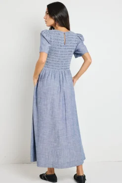RE:UNION Label Wren Chambray Blue SS Shirred Bodice Midi Dress
