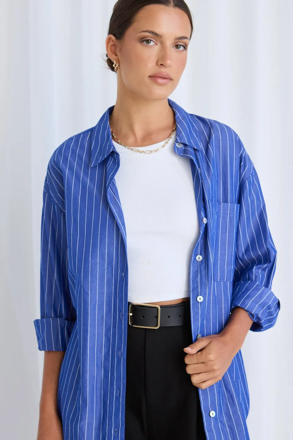 Stories be Told You Got This Deep Blue Stripe Oversized Shirt