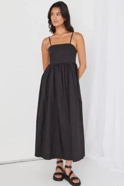 RE:UNION Label Zion Black Poplin Strappy Maxi Dress