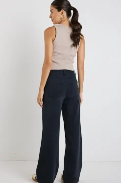 Among the Brave Zoey Black Denim High Rise Wide Leg Pocket Jean