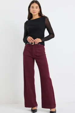 Among the Brave Zoey Burgundy High Rise Wide Leg Pocket Jean