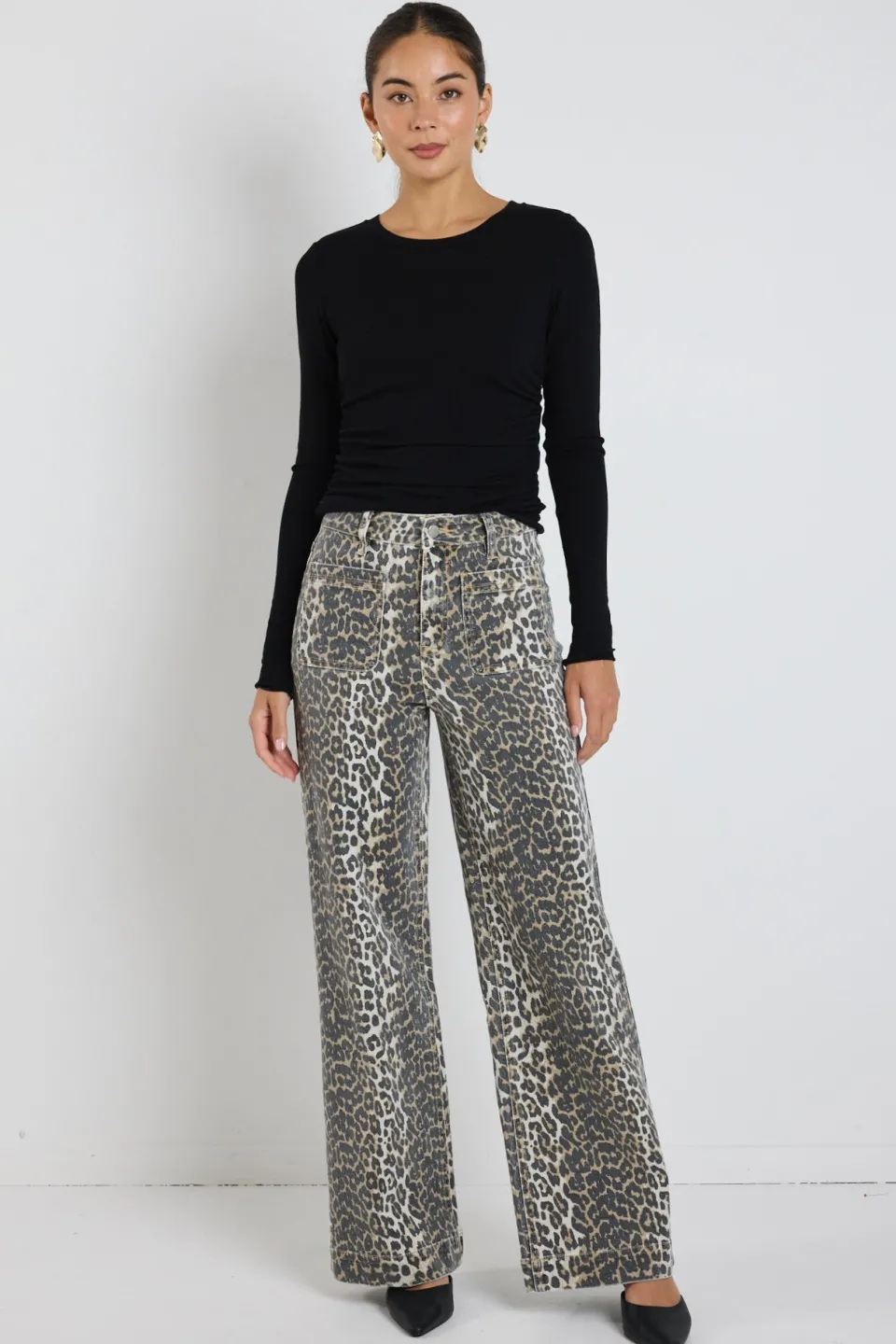 Among the Brave Zoey Leopard High Rise Wide Leg Pocket Jean