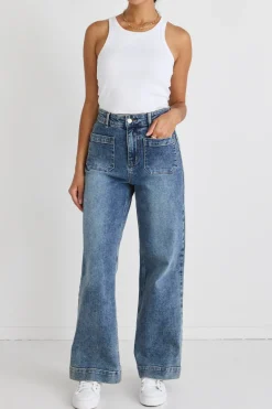 Among the Brave Zoey Mid Blue High Rise Wide Leg Pocket Jean